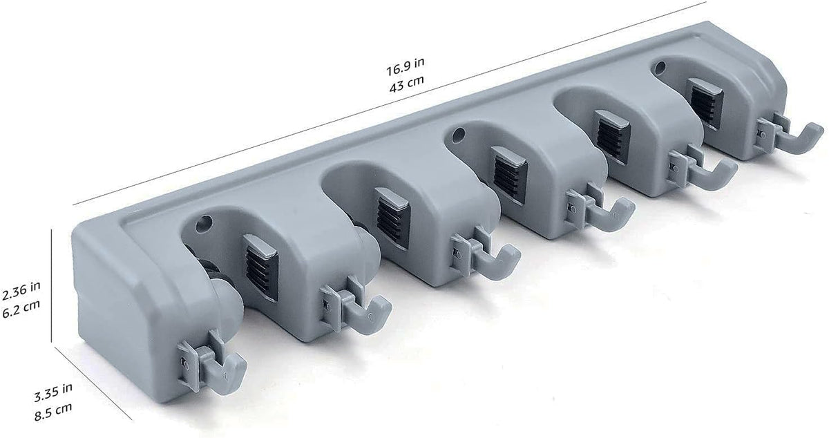 Rectangular Wall Mount Broom Holder and Garden Tool Organizer, 6 Hook and 5 Slot, 43 X 8.5 X 6.2 Cm, Gray