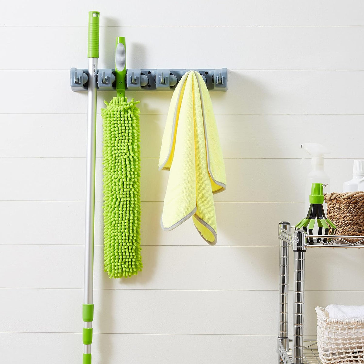 Rectangular Wall Mount Broom Holder and Garden Tool Organizer, 6 Hook and 5 Slot, 43 X 8.5 X 6.2 Cm, Gray